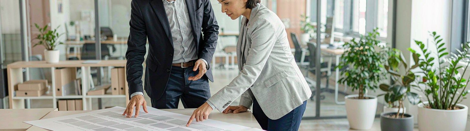Two professionals reviewing a project plan in a bright office