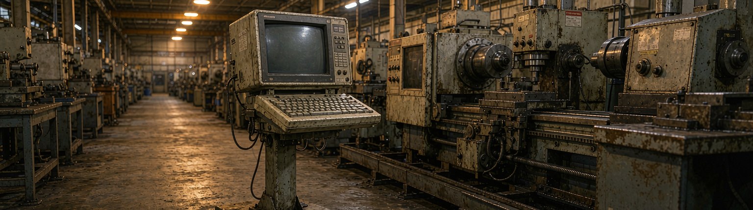 An ageing shop-floor terminal beside production machinery